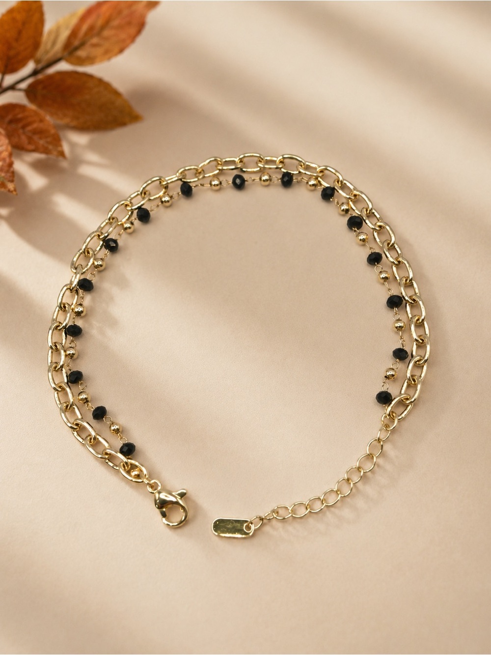 Gold Filled Double-Chain Bracelet with Black Bead Accents